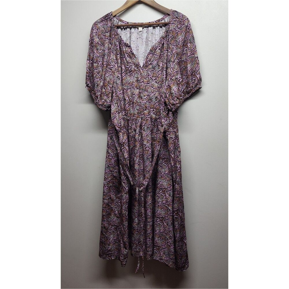 Terra & Sky Midi Dress Women 4X Brown Pink Short Sleeve Boho Peasant Cottagecore